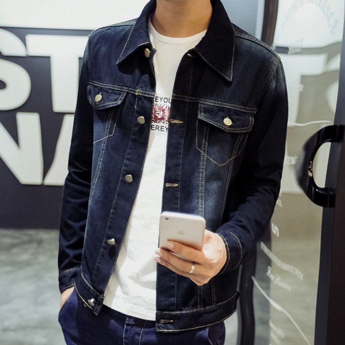KAKA(TM) Men Spring Autumn Casual Long Sleeve Turndown Collar Thin Denim Jacket Light Blue XXXL N4