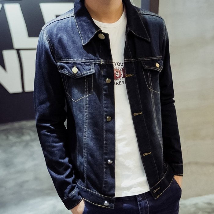 KAKA(TM) Men Spring Autumn Casual Long Sleeve Turndown Collar Thin Denim Jacket Light Blue XXXL N5