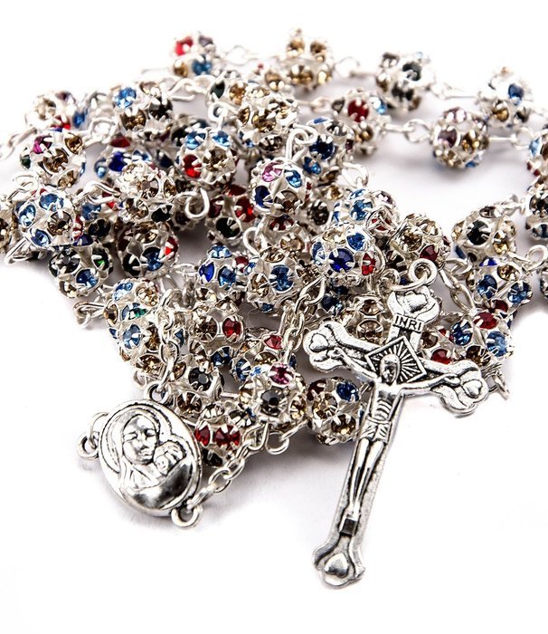 Colorful Zircon Crystals Beads Rosary Catholic Necklace Holy Soil Medal & Cross N2