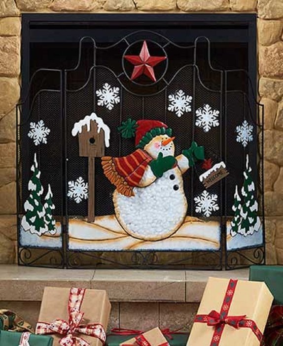 Snowman Freestanding Texas Star Holiday Metal Fireplace Screen