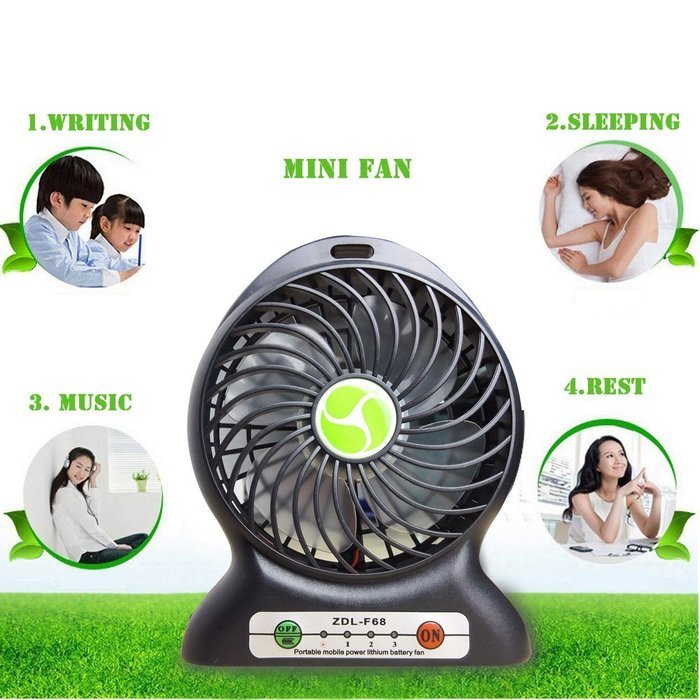 INVESCH Portable Lithium Battery Fan 4-inch Vanes 3 Speeds Rechargeable Desktop Fan (Black) N6