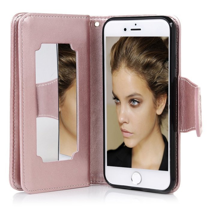 Badalink iPhone 7 Wallet Case (4.7") 9 Card Slots Plastic Mirror Flip Stand Case Embossed Flower Girl PU Leather... N34