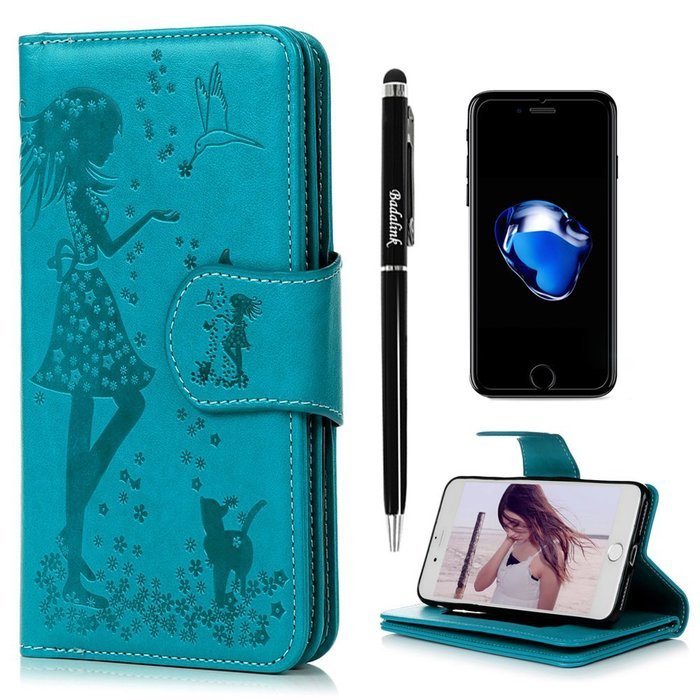 Badalink iPhone 7 Wallet Case (4.7") 9 Card Slots Plastic Mirror Flip Stand Case Embossed Flower Girl PU Leather... N35