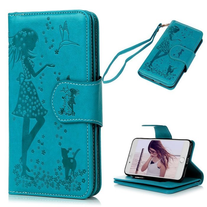 Badalink iPhone 7 Wallet Case (4.7") 9 Card Slots Plastic Mirror Flip Stand Case Embossed Flower Girl PU Leather... N36