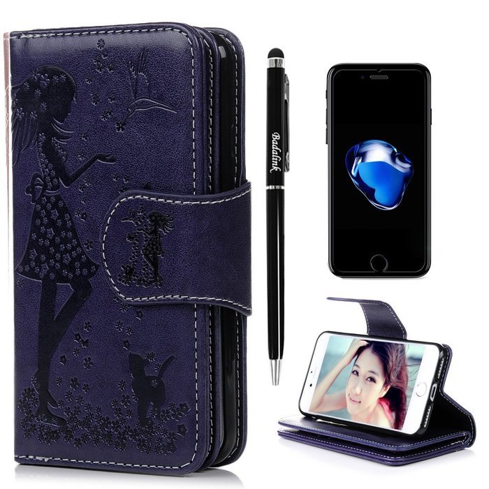 Badalink iPhone 7 Wallet Case (4.7") 9 Card Slots Plastic Mirror Flip Stand Case Embossed Flower Girl PU Leather... N39