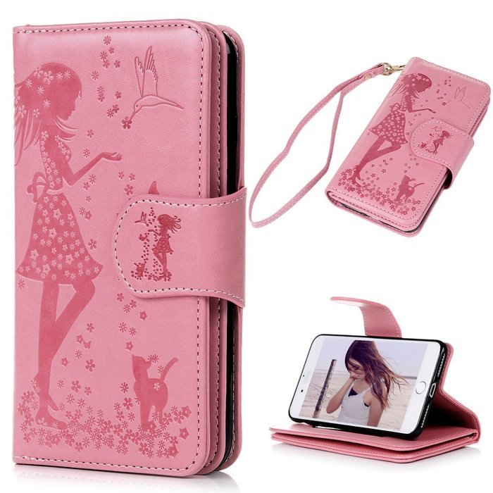 Badalink iPhone 7 Wallet Case (4.7") 9 Card Slots Plastic Mirror Flip Stand Case Embossed Flower Girl PU Leather... N43