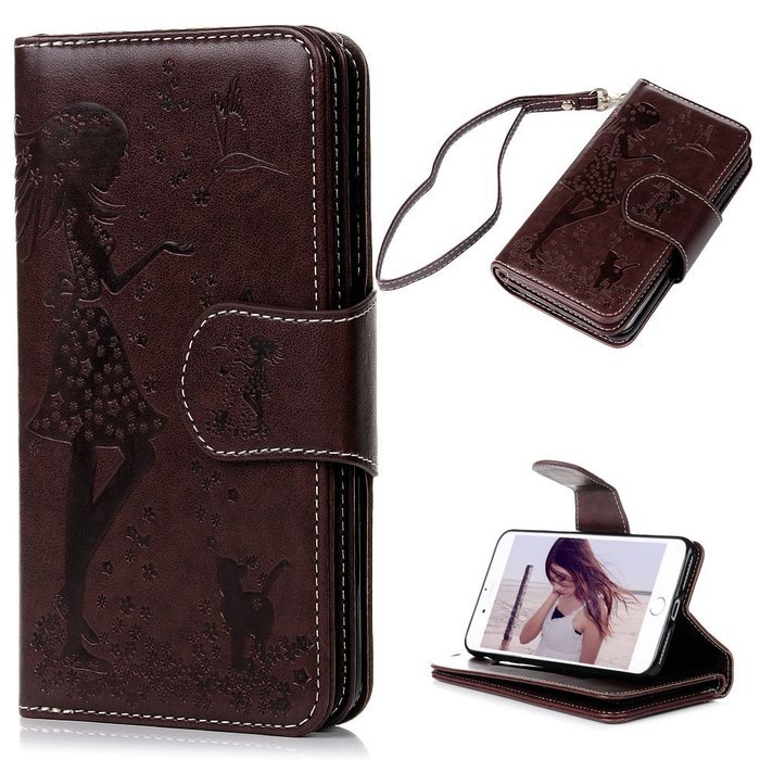 Badalink iPhone 7 Wallet Case (4.7") 9 Card Slots Plastic Mirror Flip Stand Case Embossed Flower Girl PU Leather... N46