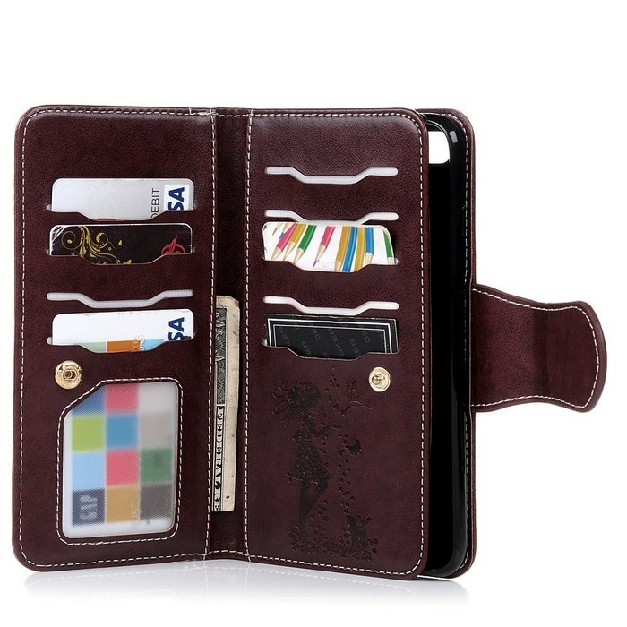 Badalink iPhone 7 Wallet Case (4.7") 9 Card Slots Plastic Mirror Flip Stand Case Embossed Flower Girl PU Leather... N47