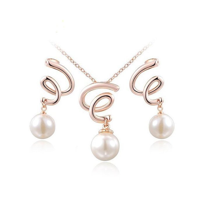 MENGDA Jewelry Set Gold Plated Pearl Pendant Necklace Dangle Earring Stud Set. (Pearl -3) N12