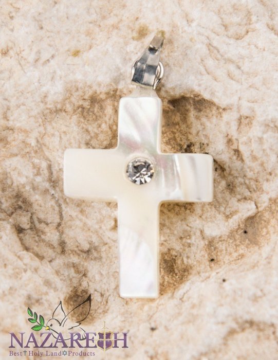 Beautiful Cross Mother of Pearl with Zircon Crystal Handmade From Holy Land