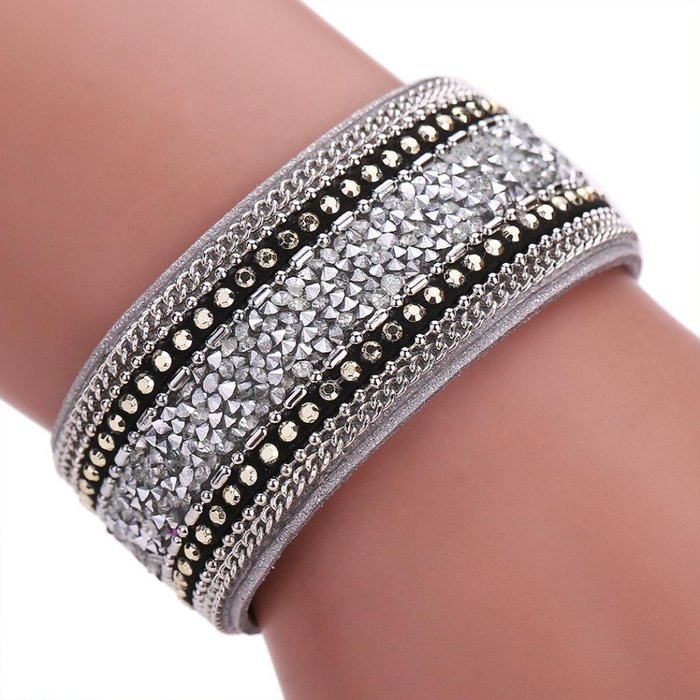 AutumnFall&reg; Women Bohemian Crystal Cowhide Bracelets Wrist Chains (Gray) N6