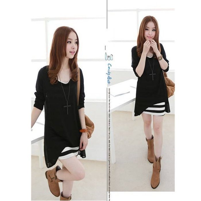 Evtech(tm) Women's Fake Two-piece Dress Long Sleeve Stripe Loose Drape Round-neck Dress Black - XL N4