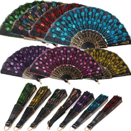 MECO(TM) Peacock Pattern Sequin Fabric Hand Fan Decorative Fashionable (Red) N5