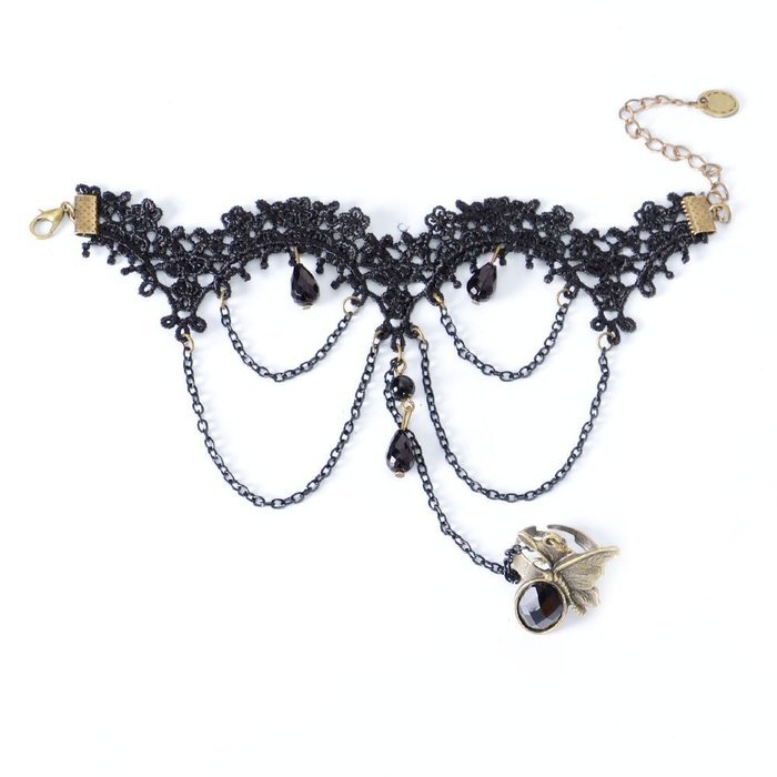 QTMY Black Gothic style Lace Ring Chain Bracelet Party Jewelry Set for Women N4