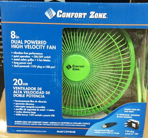 CZHV8USB GREEN Comfort Zone 8" DUAL POWERED HIGH VELOCITY Fan Vibration FREE Quiet Operation Cooling Air