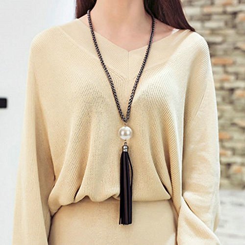 Women's Pearl Leather Tassels Pendant Long Chain Bid Sweater Necklace Jewelry N4