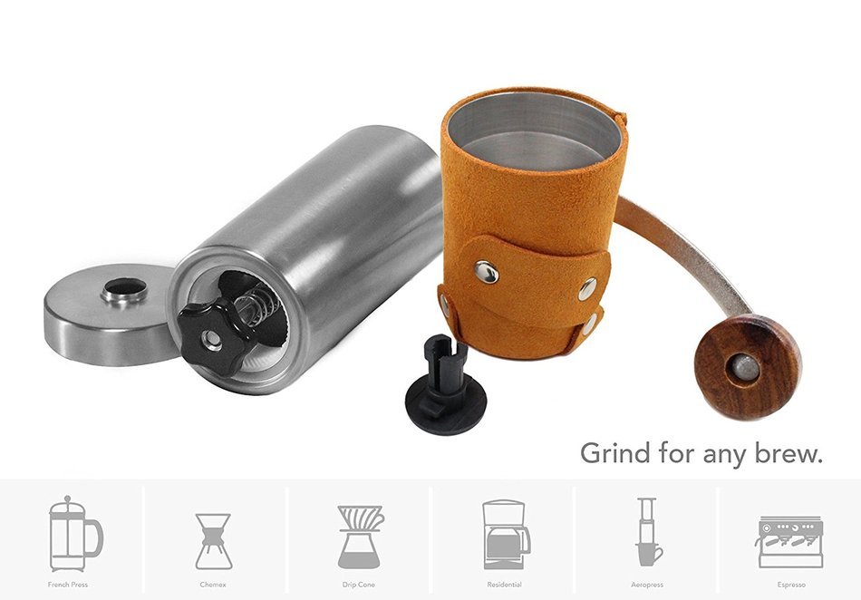 Adolph Manual Coffee Grinder with Leather Wrap, Hand Crank and Adjustable Ceramic Conical Burr