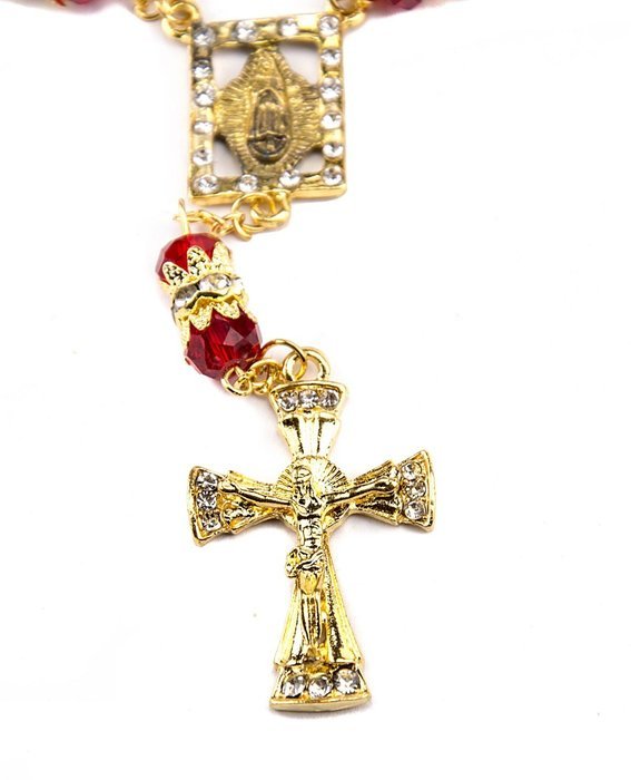 Red Crystal Zircon Beads Gold Color Beads Car Rearview Mirror Rosary (Jerusalem) N3