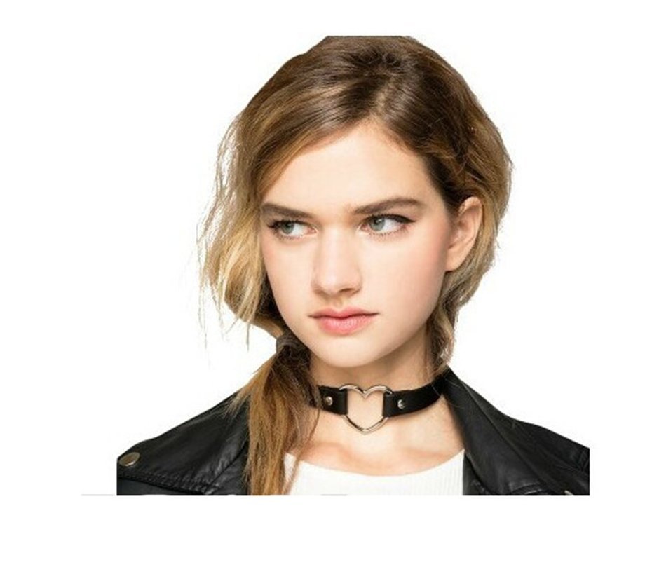 Distinct&reg; Fancy Women's PU Leather Heart Neckband Chain Collar Choker Bib Clavicle Necklace(Black)