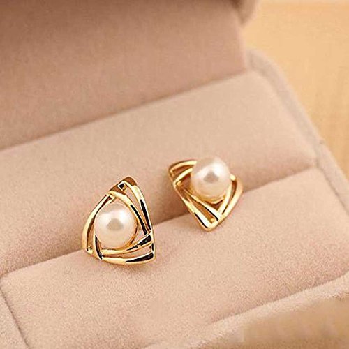fashion triangle Gold Plated White Freshwater Pearl Stud Earrings Jewelry Gift