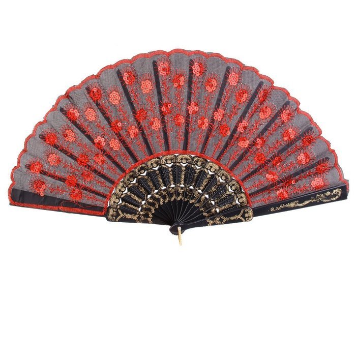 Folding Hand Fan Embroidered Sequin Wedding Prom Dance (Red) N15