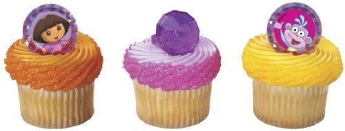 12 Cupcake Toppers Rings Dora the Explorer Boots Gemstones Party Decorations