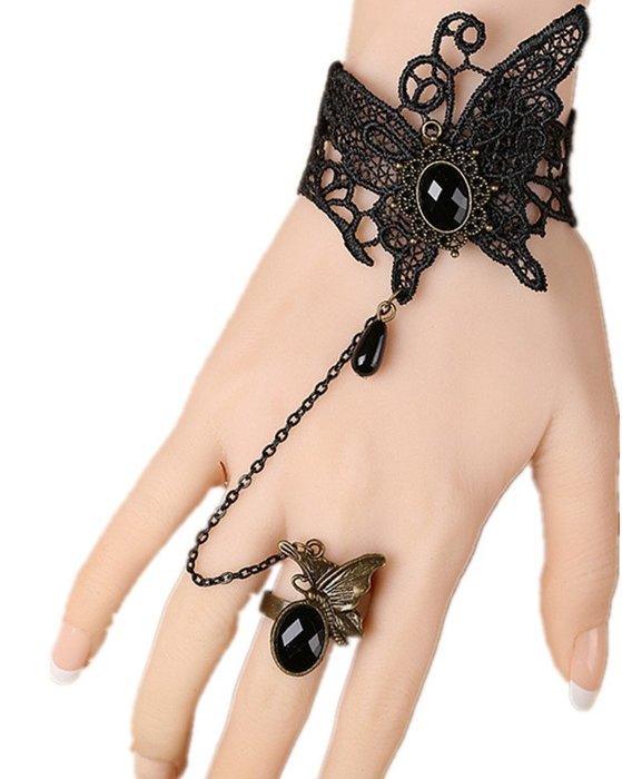 QTMY Black Butterfly Lace Ring Adjustable Bracelet Jewelry Set gift for women girl