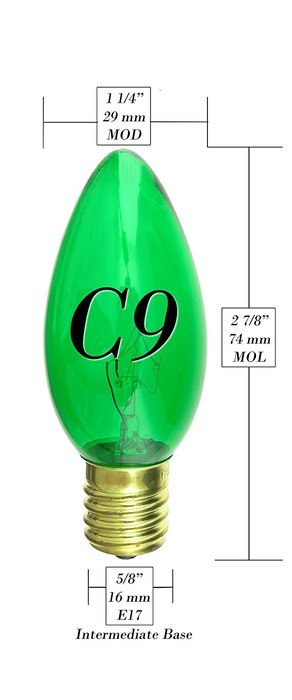 7 Watt C9 Transparent Outdoor Patio Party Christmas Novelty Replacement Bulbs, 25 Pack (Green) N3
