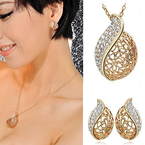 Women Leaf Gold Silver Rhinestone Choker Collar Necklace Earrings Jewelry Set