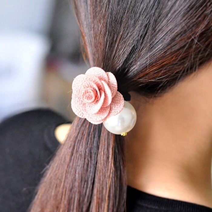 KAKA(TM) Women Girl Fashion Elegance Pink Rose Pearl Decorate Stretchy Hair Rope Band Accessories N9
