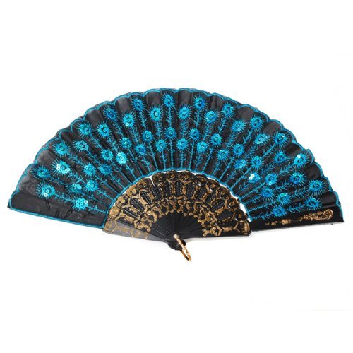 MECO(TM) Peacock Pattern Sequin Fabric Hand Fan Decorative Fashionable (Red) N6