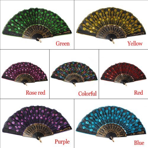 MECO(TM) Peacock Pattern Sequin Fabric Hand Fan Decorative Fashionable (Red) N7