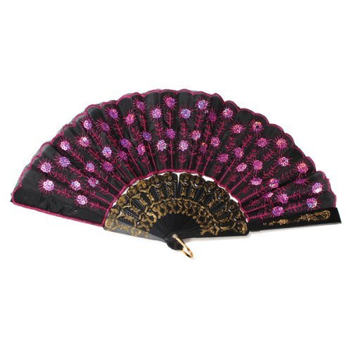 MECO(TM) Peacock Pattern Sequin Fabric Hand Fan Decorative Fashionable (Red) N8