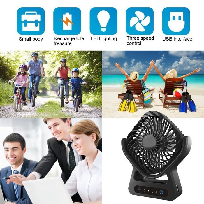 Iwonderful Personal Mini USB Rechargeable Fan,3 Shifting, LED Light,Protable Power Source-Balck N3