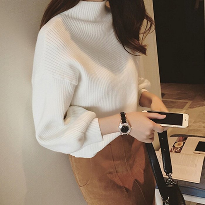 Spritech(TM) Fashion Women Basic Loose Knit Pullover Puff Sleeve Sweatshirt Sweater White N8