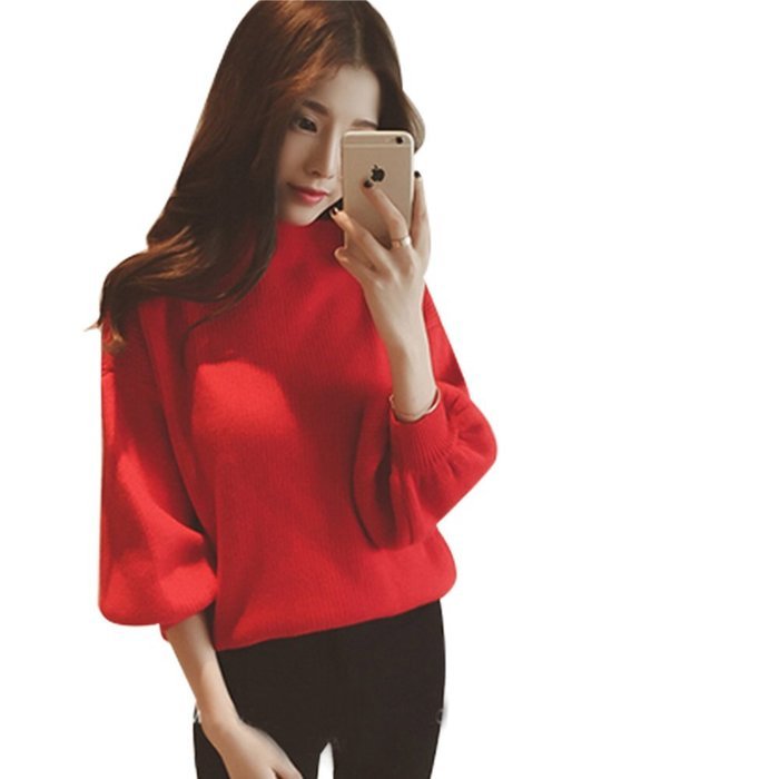 Spritech(TM) Fashion Women Basic Loose Knit Pullover Puff Sleeve Sweatshirt Sweater White N9