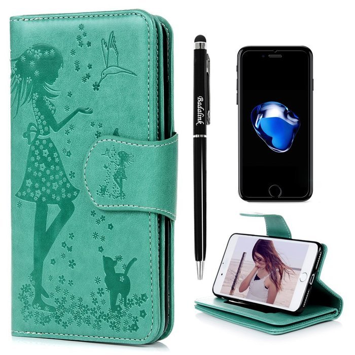 Badalink iPhone 7 Wallet Case (4.7") 9 Card Slots Plastic Mirror Flip Stand Case Embossed Flower Girl PU Leather... N57