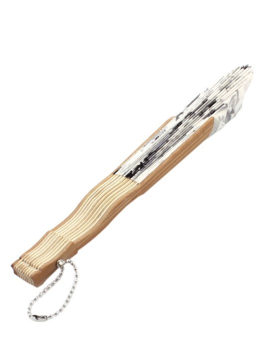 Bamboo Ribs Flower Print Seashell Shape Folding Hand Fan White Gray N2