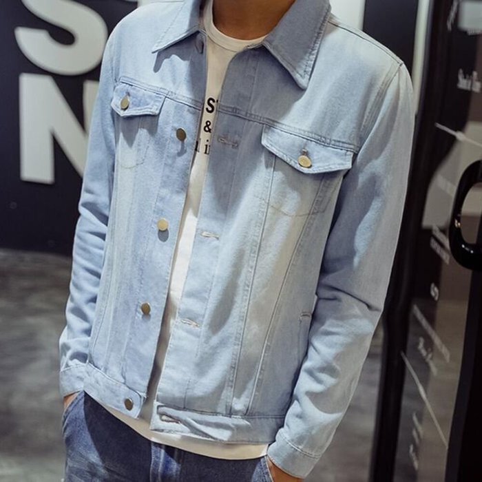 KAKA(TM) Men Spring Autumn Casual Long Sleeve Turndown Collar Thin Denim Jacket Light Blue XXXL N7
