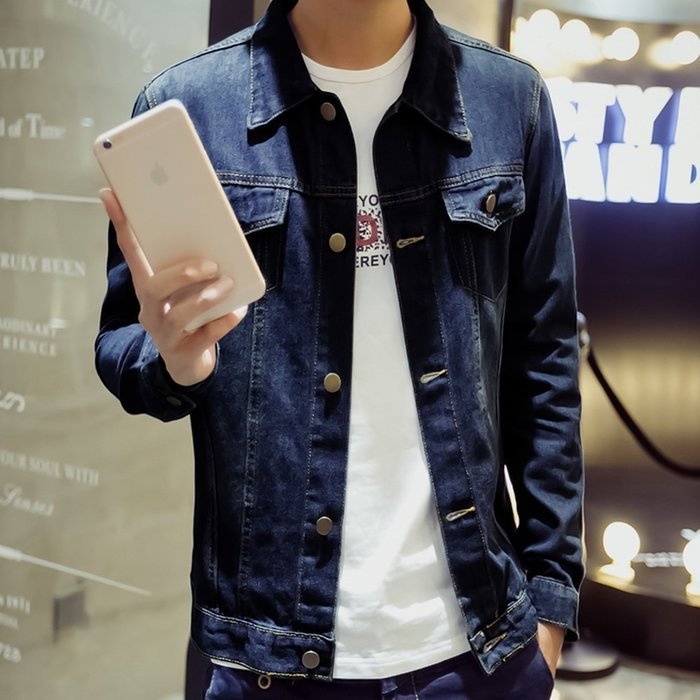 KAKA(TM) Men Spring Autumn Casual Long Sleeve Turndown Collar Thin Denim Jacket Light Blue XXXL N8