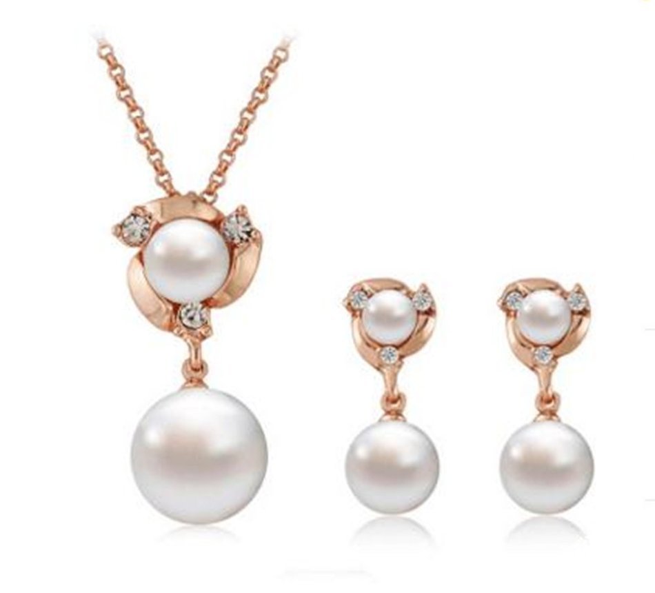 MENGDA Jewelry Set Gold Plated Pearl Pendant Necklace Dangle Earring Stud Set. (Pearl -3) N17