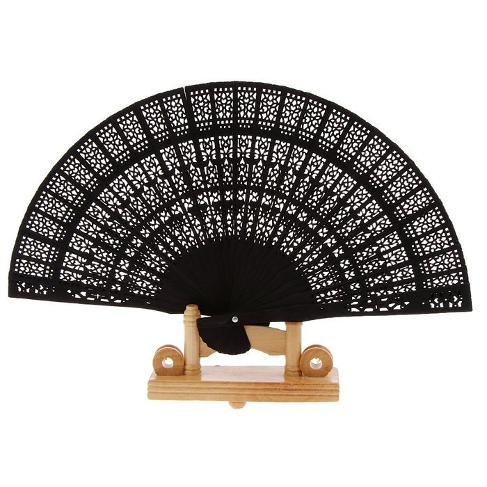 Vintage Wood Hollow Carved Hand Fan Foldable Fan - Black