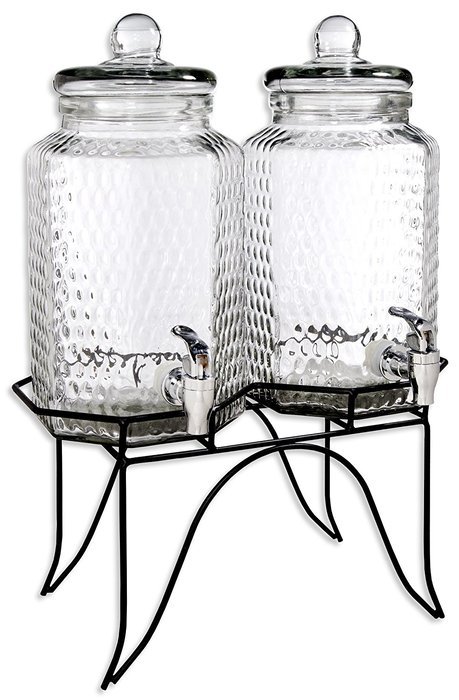 Palais Glassware High Quality Clear Glass Duplex Beverage Dispenser - 1 Gallon Each Jug, with Glass Lids and Metal...