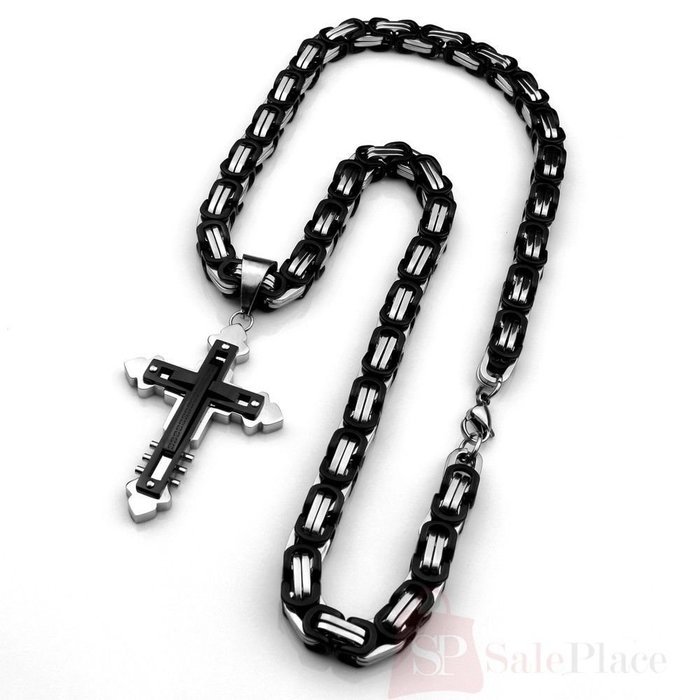 Mens 24" Stainless Steel Black Silver Byzantine Chain Necklace Cross Pendant 7K N3