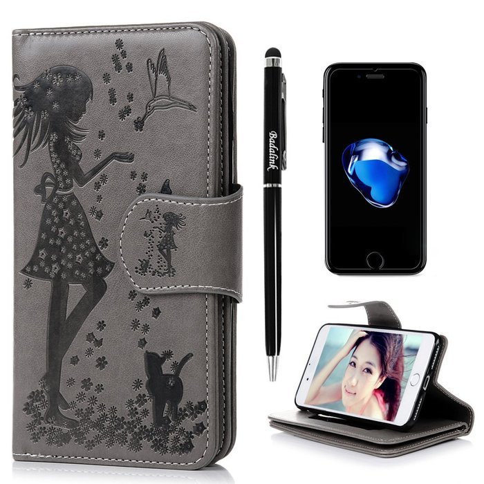 Badalink iPhone 7 Wallet Case (4.7") 9 Card Slots Plastic Mirror Flip Stand Case Embossed Flower Girl PU Leather... N59