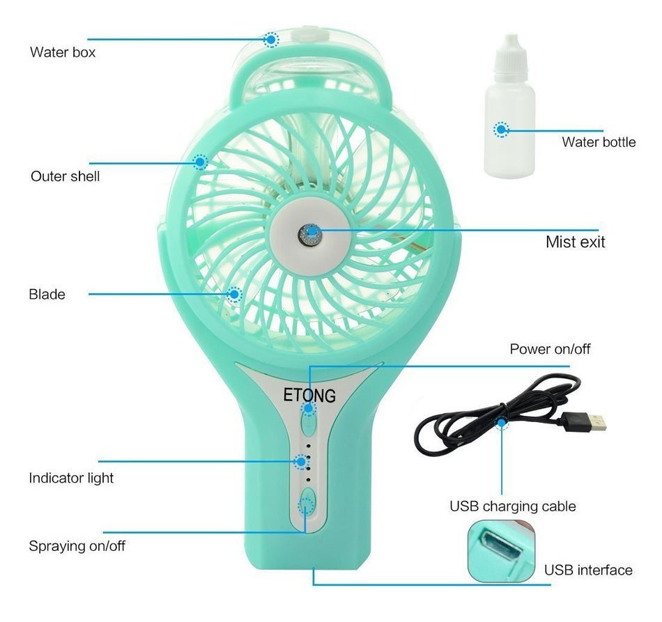 ETONG Portable Handheld USB Misting Fan Personal Cooling Mist Humidifier Rechargeable Mini Water Spray Cooling... N17
