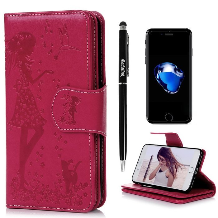 Badalink iPhone 7 Wallet Case (4.7") 9 Card Slots Plastic Mirror Flip Stand Case Embossed Flower Girl PU Leather... N65