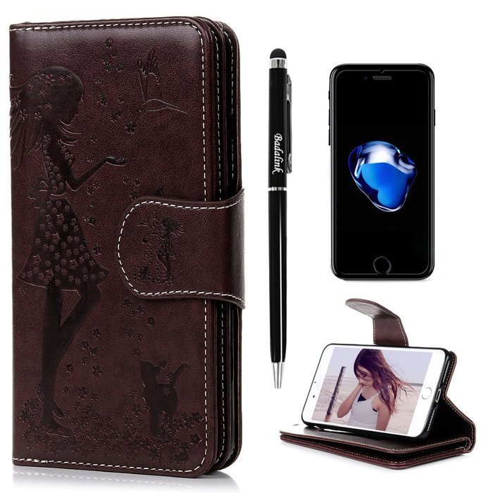 Badalink iPhone 7 Wallet Case (4.7") 9 Card Slots Plastic Mirror Flip Stand Case Embossed Flower Girl PU Leather... N71