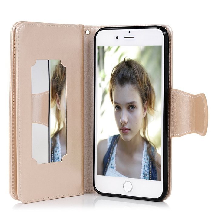 Badalink iPhone 7 Wallet Case (4.7") 9 Card Slots Plastic Mirror Flip Stand Case Embossed Flower Girl PU Leather... N79