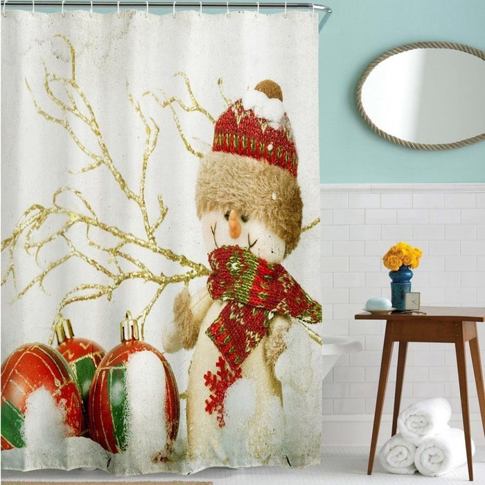 AutumnFall Winter Holiday Snowman Christmas Fabric Shower Curtain Digital Decor with Hooks (180cm180cm, F) N14